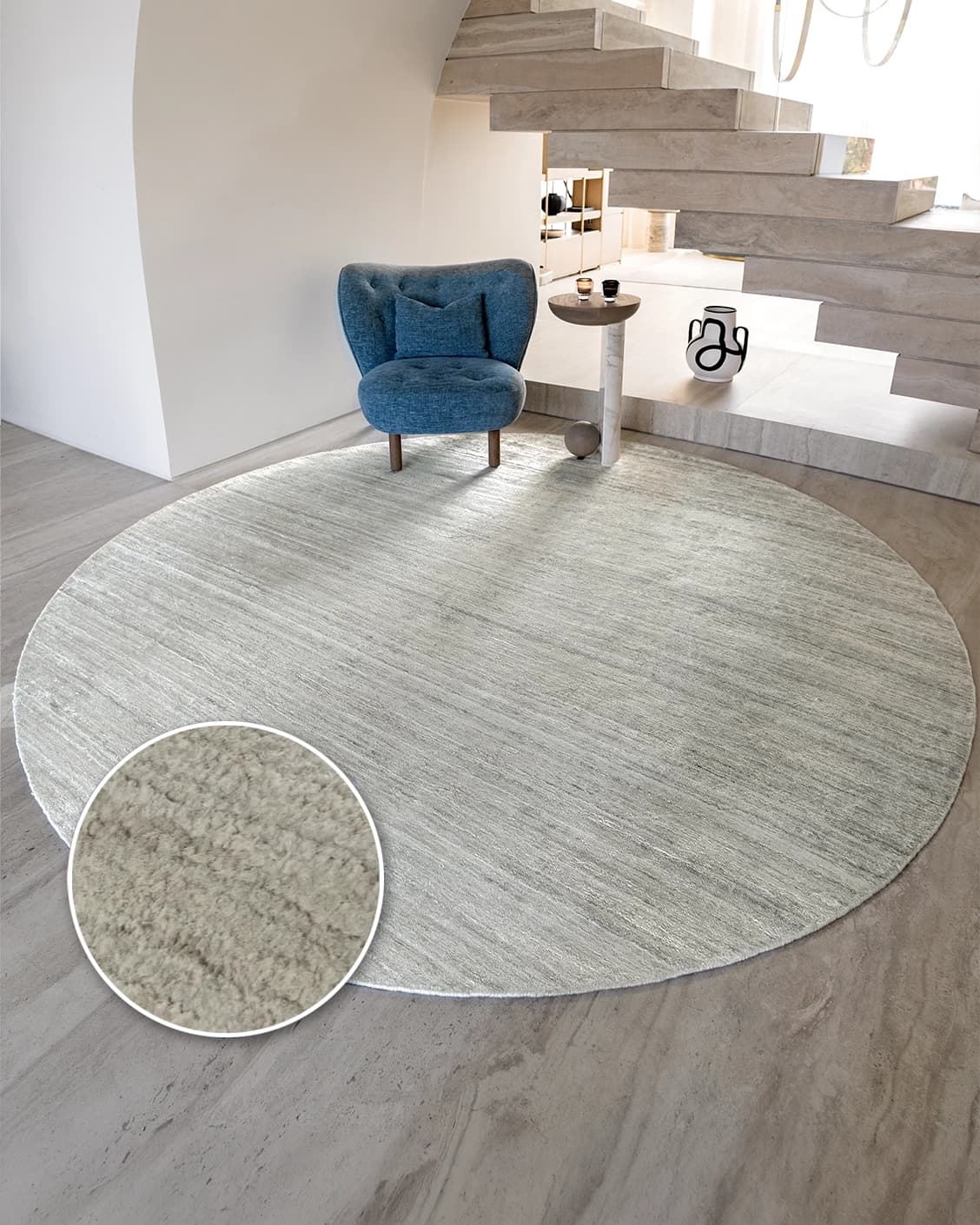Beatrice Alba Round carpet in grey, shown in a lifestyle front view as image 2