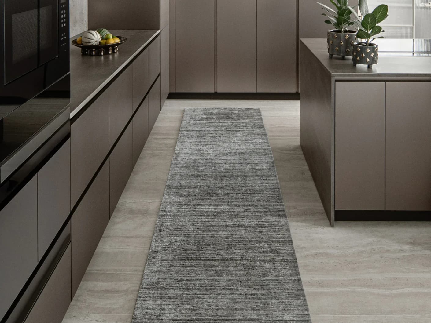 Beatrice Ashton Runners carpet in grey, shown in a lifestyle front view
