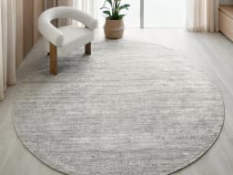 Beatrice Dune 02 Round carpet in grey, shown in a lifestyle front view