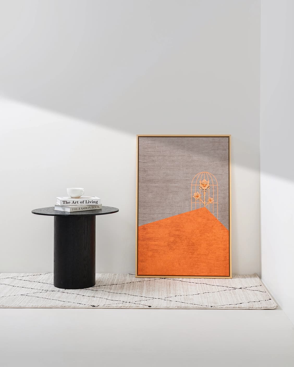 Bloom canvas in orange and taupe, shown in a lifestyle front view as image 2