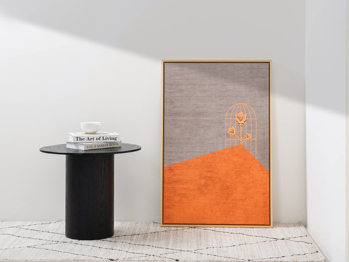 Bloom canvas artwork in orange and taupe, shown in a lifestyle front view
