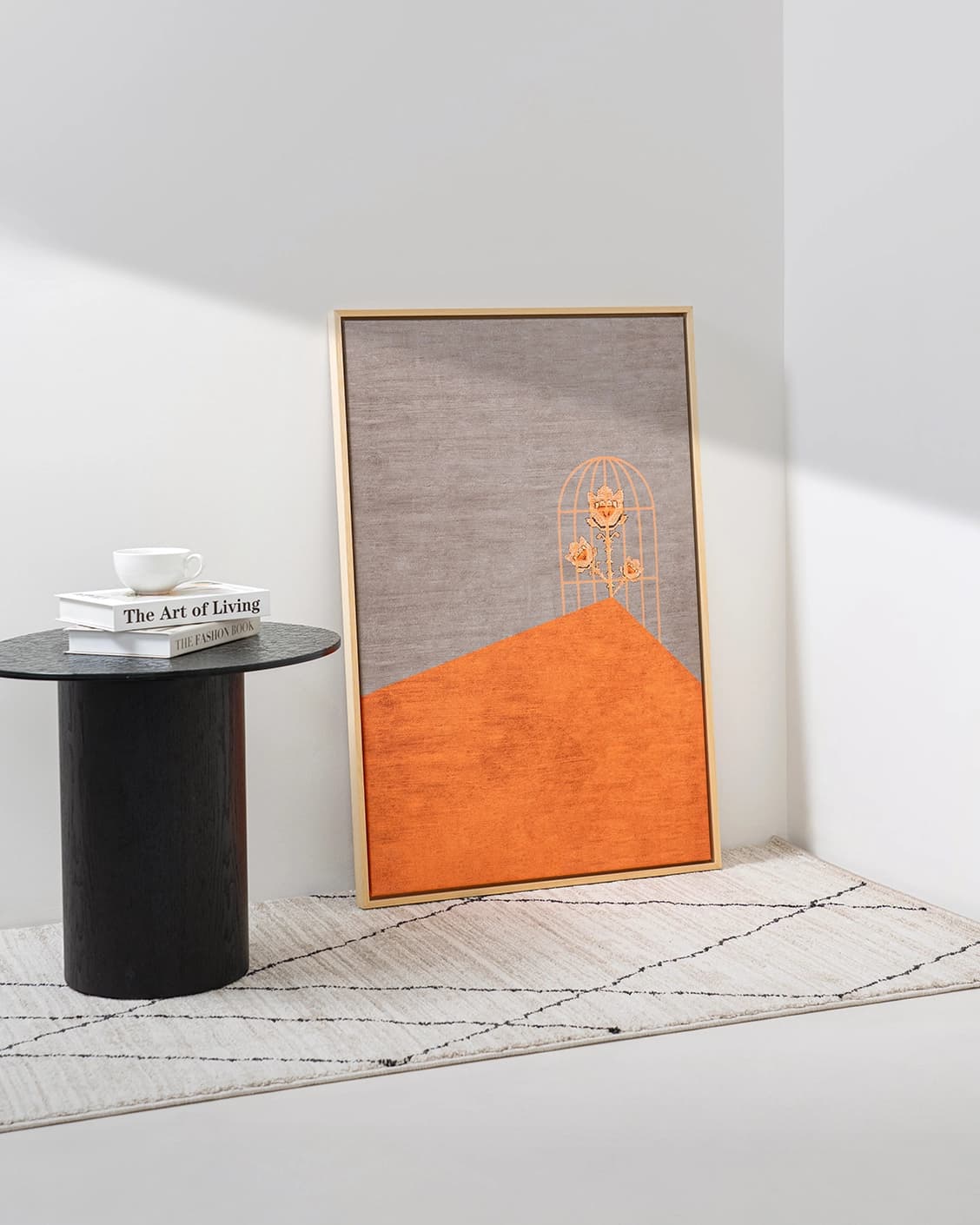 Bloom canvas in orange and taupe, shown in a lifestyle left view as image 3