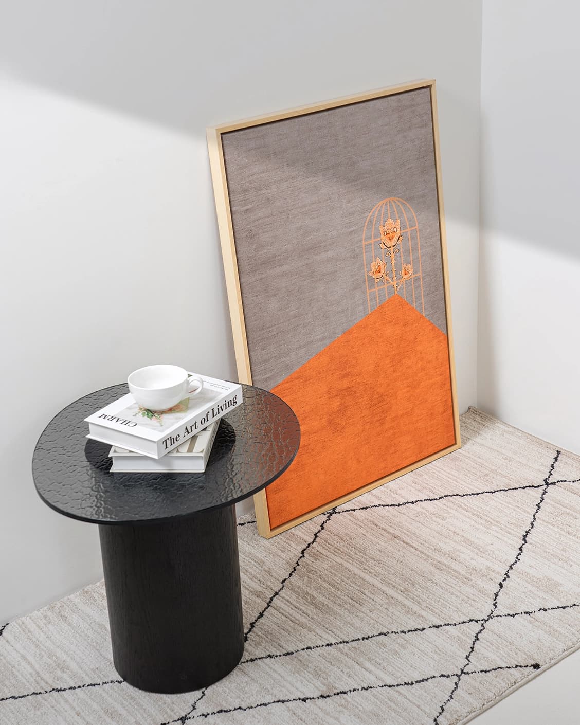 Bloom canvas in orange and taupe, shown in a lifestyle top view as image 4