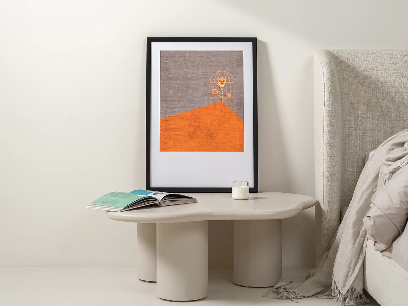 Bloom fine art print in orange and taupe, shown in a lifestyle front view as image 3