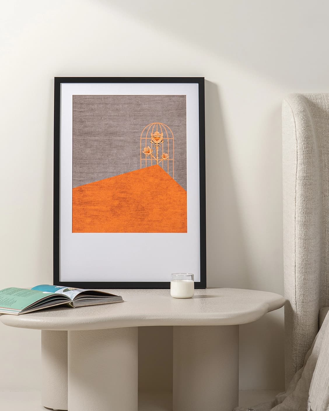 Bloom fine art print in orange and taupe, shown in a lifestyle front view as image 2