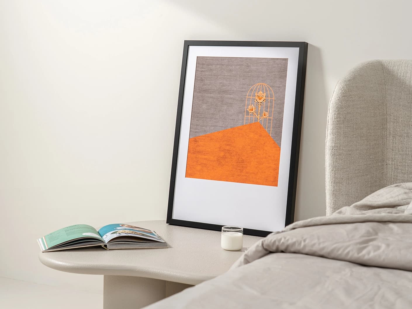 Bloom fine art print artwork in orange and taupe, shown in a lifestyle right view