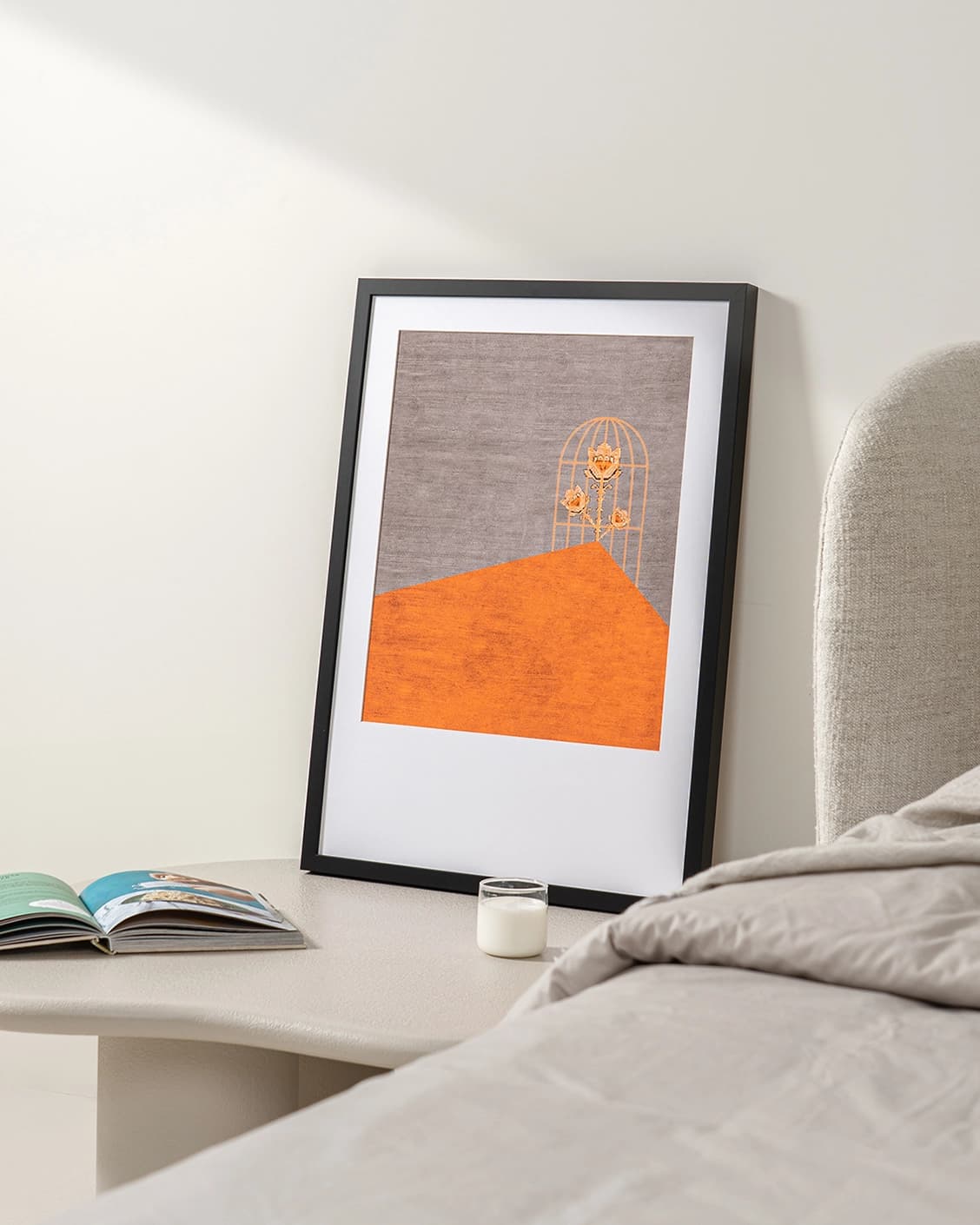Bloom fine art print in orange and taupe, shown in a lifestyle right view as image 3
