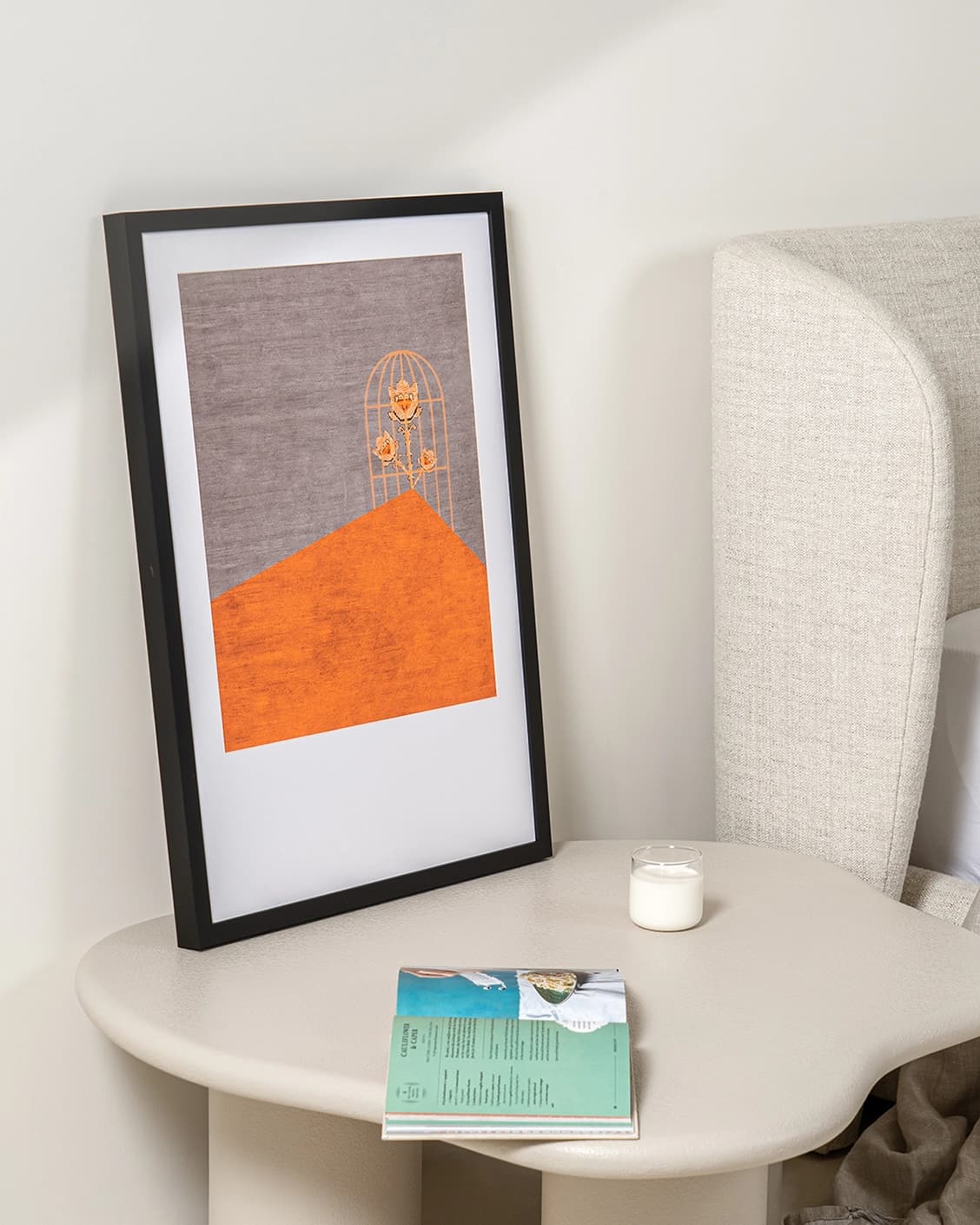 Bloom fine art print in orange and taupe, shown in a lifestyle top view as image 4