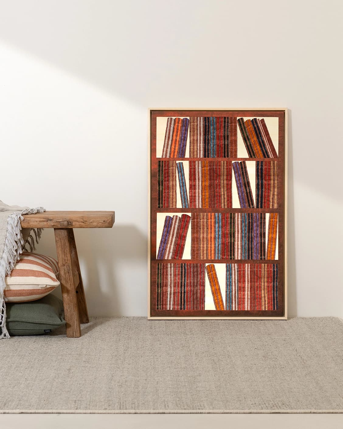 Books canvas in rust, blue and multicolour, shown in a lifestyle front view as image 3