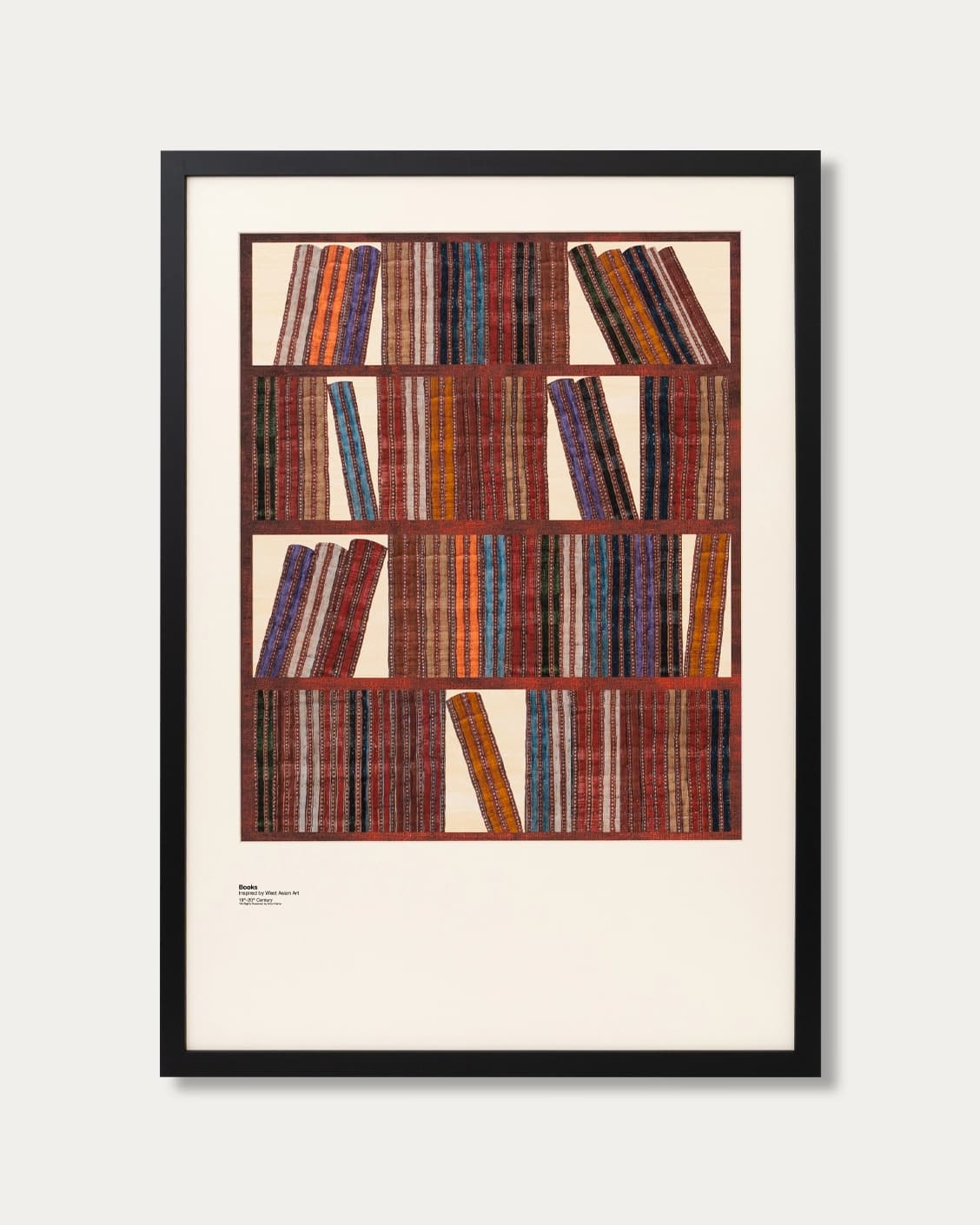 Books fine art print in rust, blue and multicolour, shown in a lifestyle front view as image 1