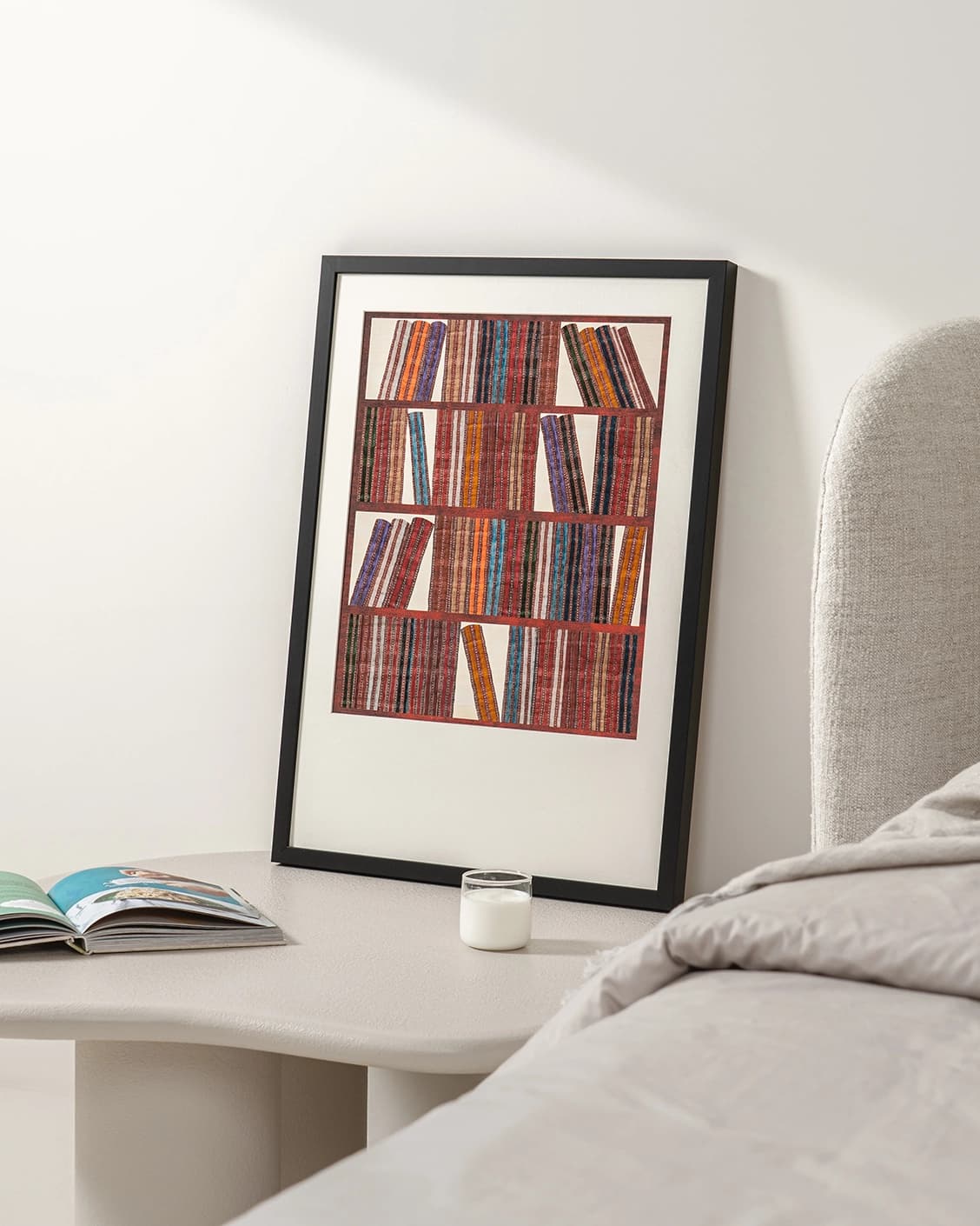 Books fine art print in rust, blue and multicolour, shown in a lifestyle right view as image 5