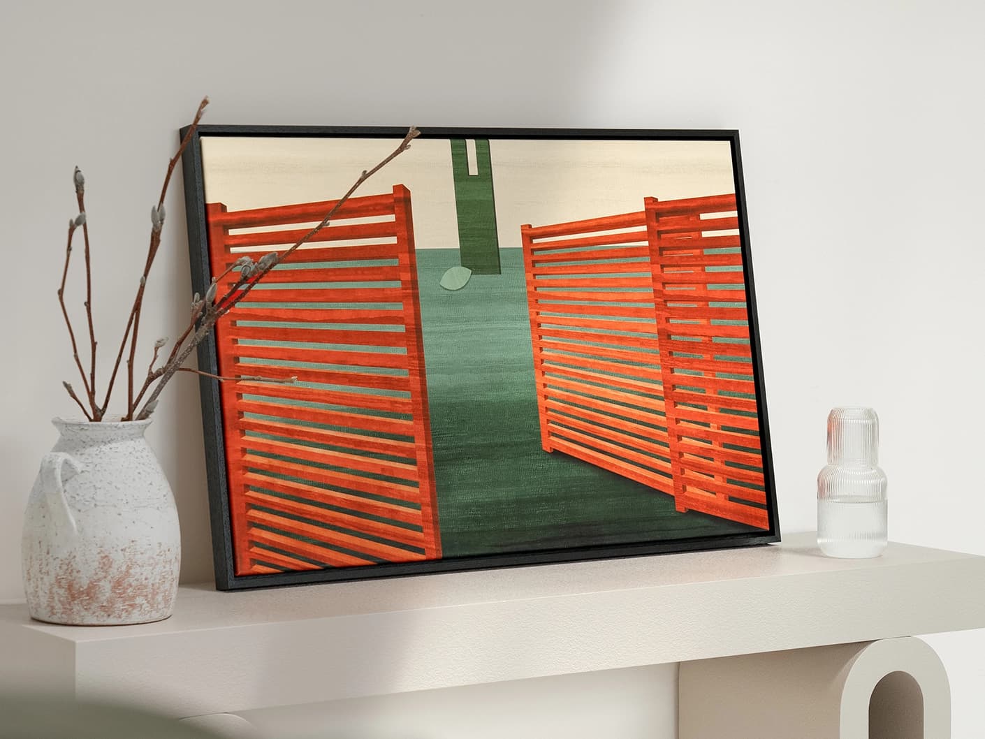 Breeze canvas artwork in red and green, shown in a lifestyle left view