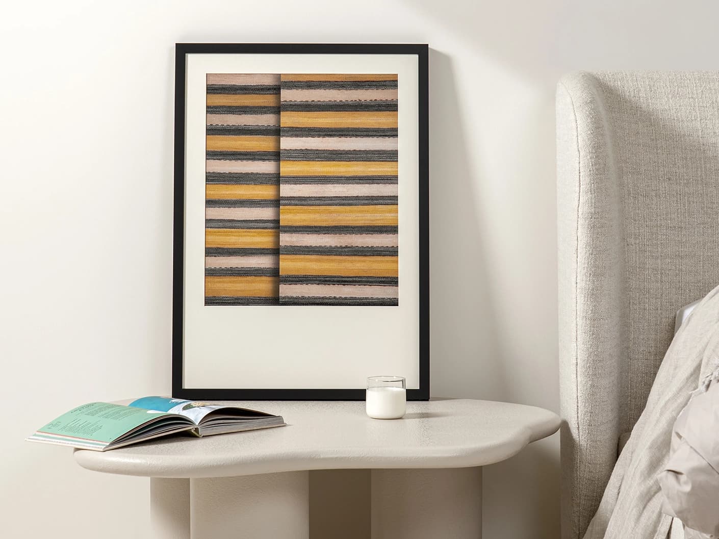 Bumblebee Grey fine art print in grey, beige and yellow, shown in a lifestyle front view as image 3