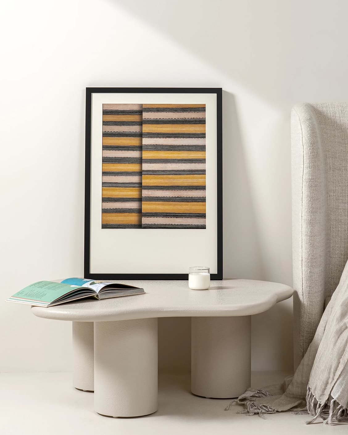 Bumblebee Gray fine art print in grey, beige and yellow, shown in a lifestyle front view as image 2