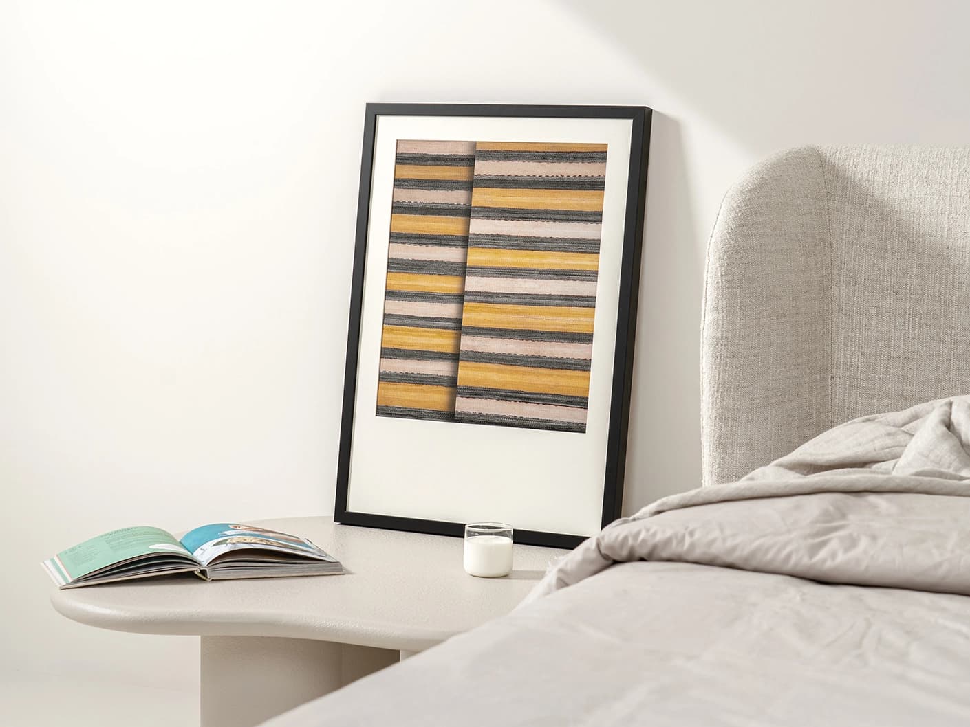 Bumblebee Gray fine art print artwork in grey, beige and yellow, shown in a lifestyle right view