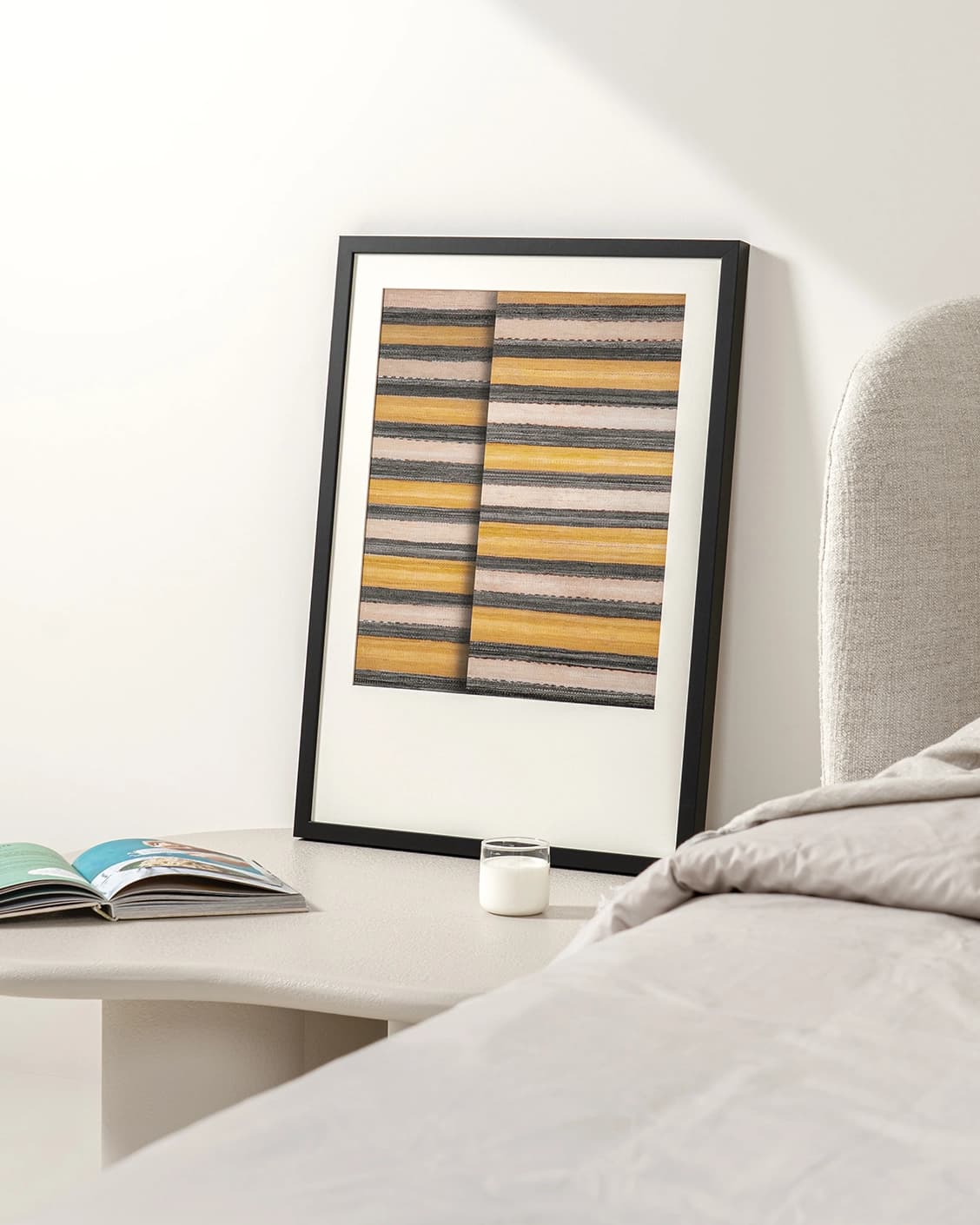 Bumblebee Gray fine art print in grey, beige and yellow, shown in a lifestyle right view as image 3