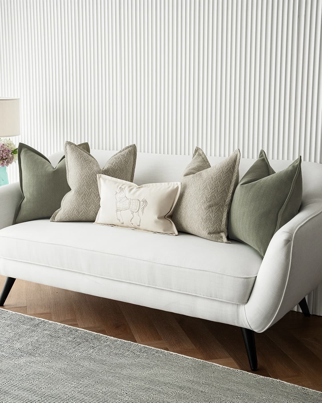 Cali Bundle cushion in white, beige and green, shown in a lifestyle right view as image 2
