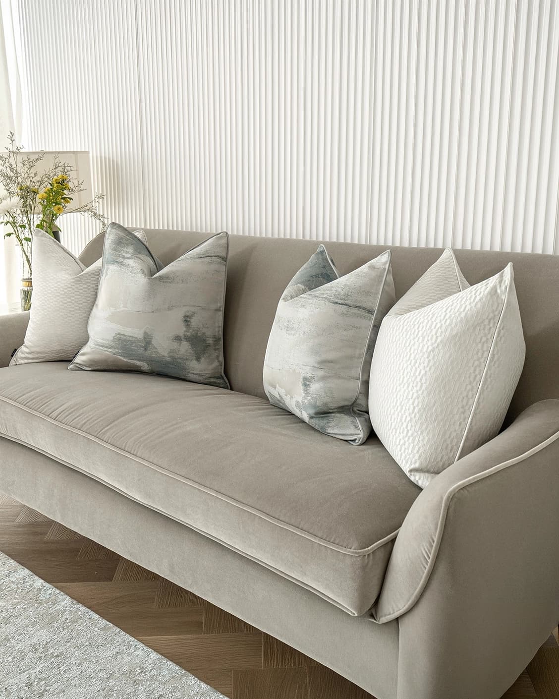Carey Bundle cushion in blue and silver, shown in a lifestyle right view as image 2
