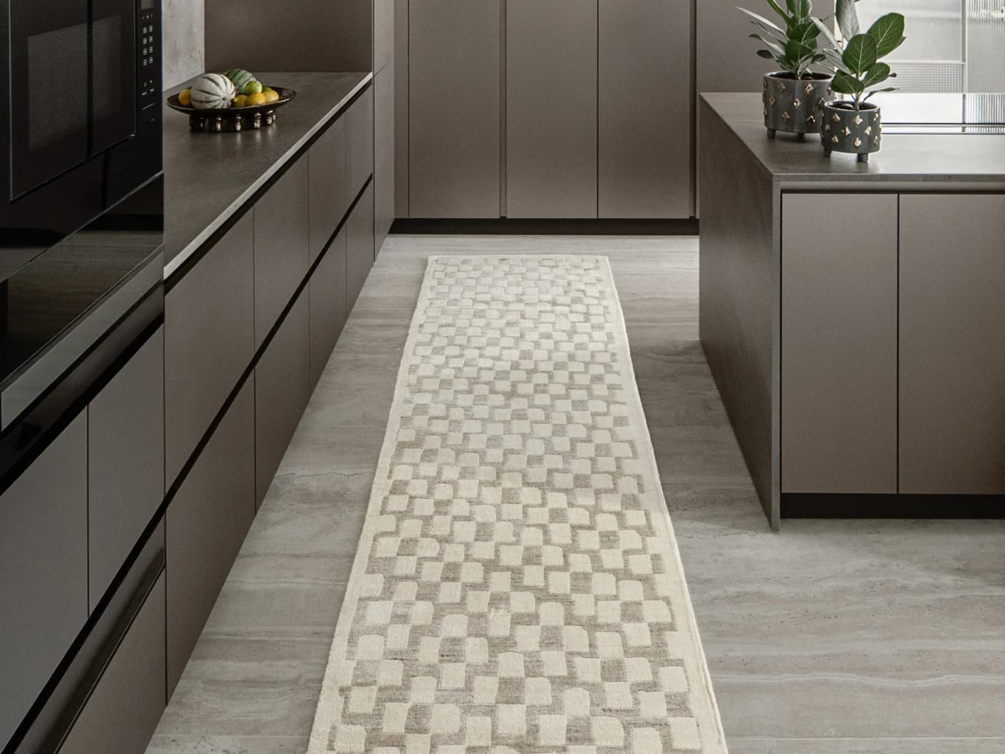 Chess Dune Runners carpet in taupe and beige, shown in a lifestyle front view