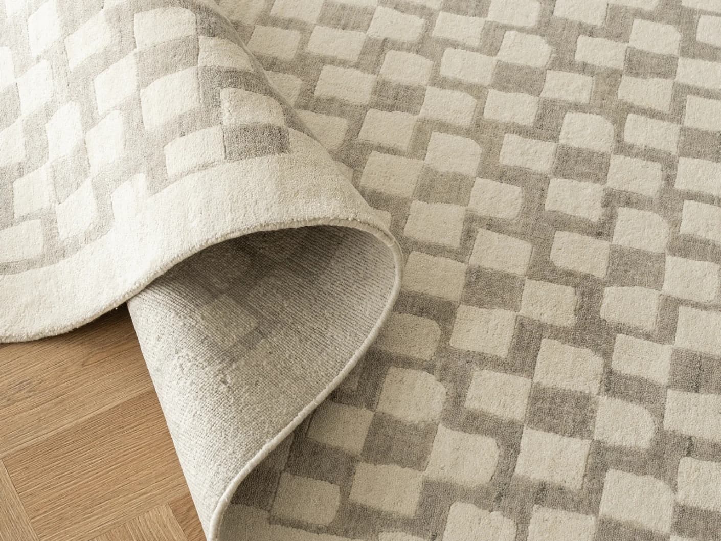 Chess Dune carpets in dune, taupe and beige, shown in a lifestyle close-up front view