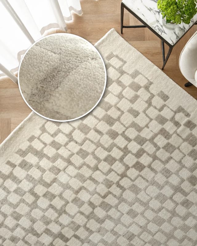 Chess Dune carpet in taupe and beige, shown in a lifestyle top view as image 2