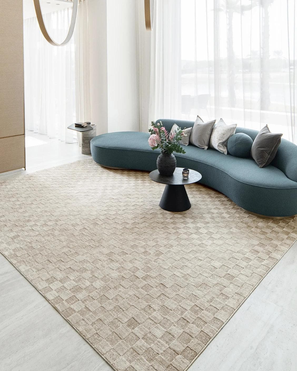 Cindy Dune Round carpet in taupe and beige, shown in a lifestyle right view as image 7