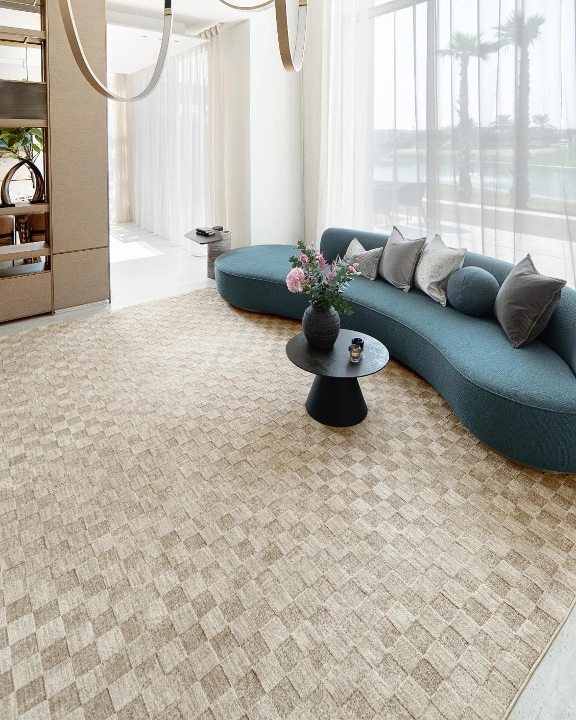 Cindy Dune Round carpet in taupe and beige, shown in a lifestyle right view as image 8