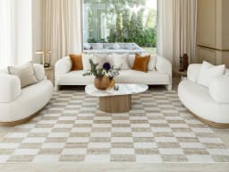 Cindy Tan carpet in tan, taupe and beige, shown in a lifestyle front view
