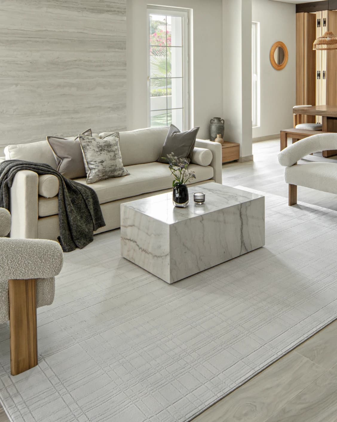 Corvin Sandy carpet in ivory and grey, shown in a lifestyle left view as image 8