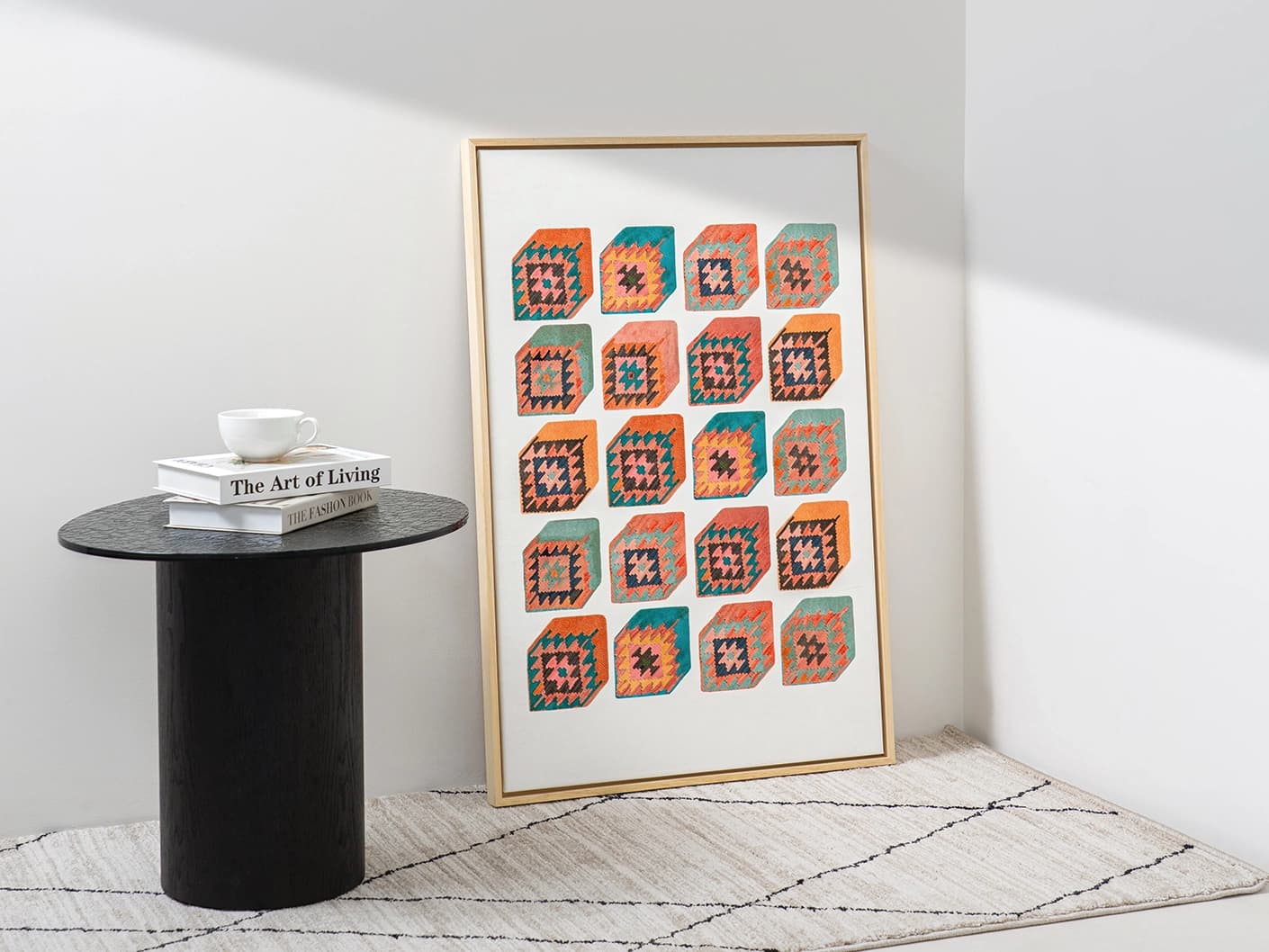 Cubism canvas artwork in multicolour, shown in a lifestyle front view
