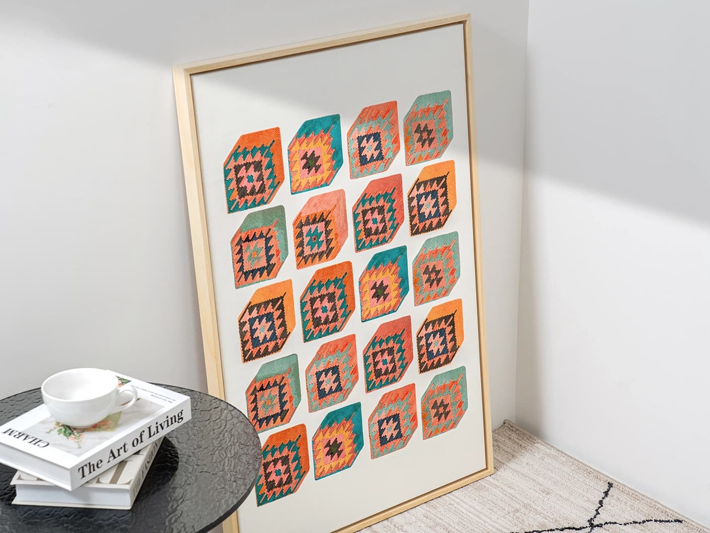 Cubism canvas in multicolour, shown in a lifestyle top view as image 3
