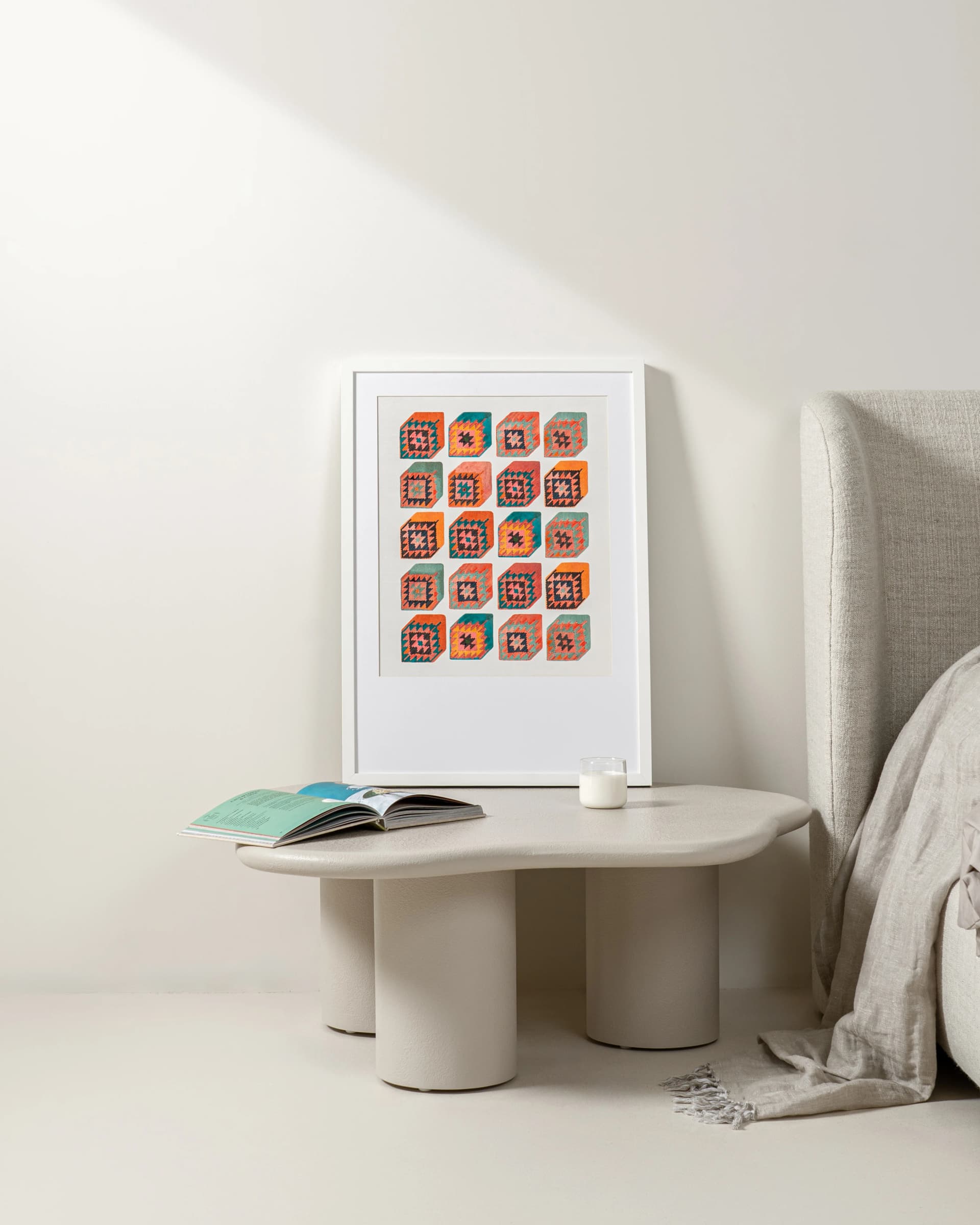 Cubism fine art print in multicolour, shown in a lifestyle front view as image 2
