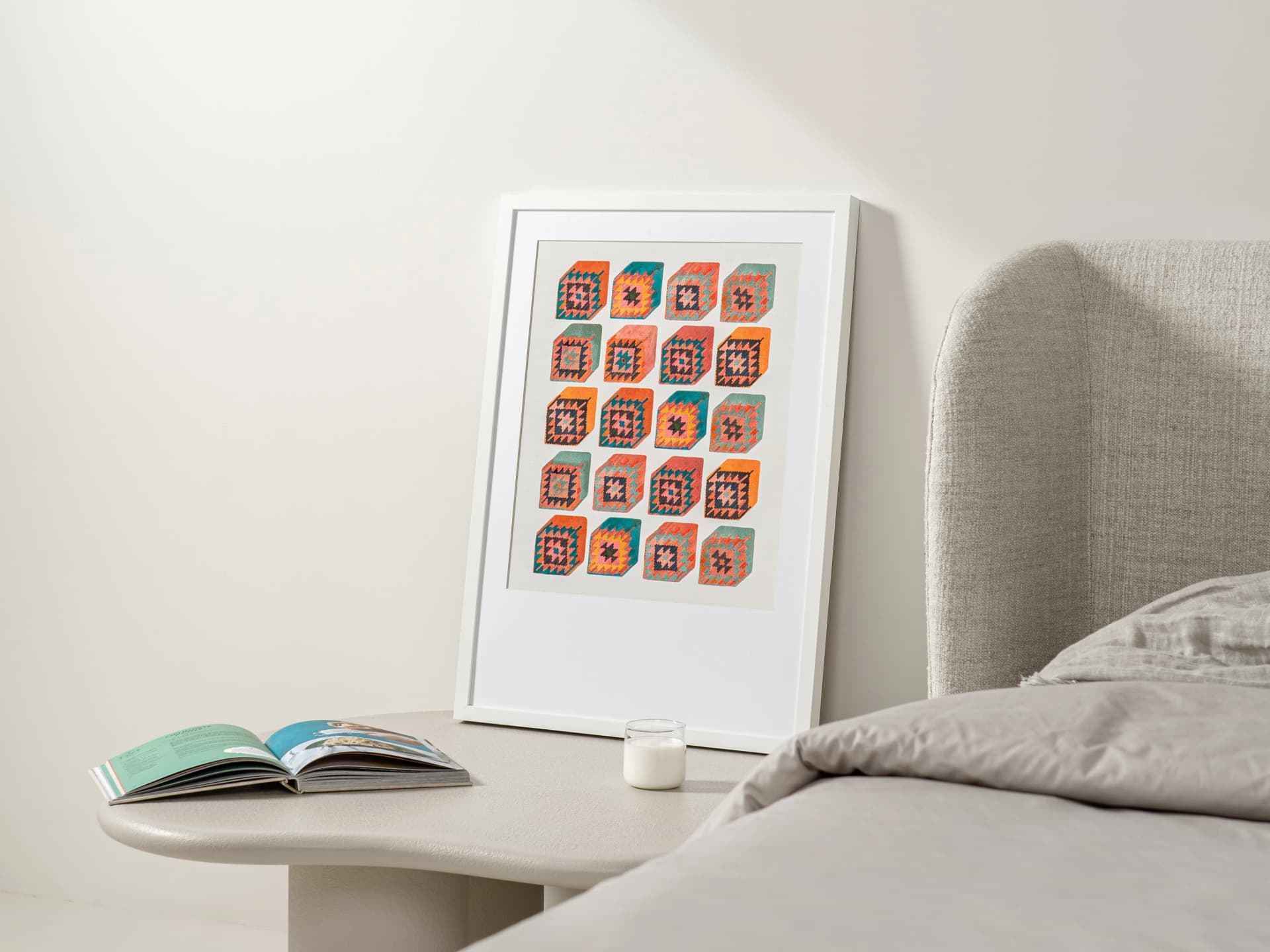 Cubism fine art print artwork in multicolour, shown in a lifestyle right view