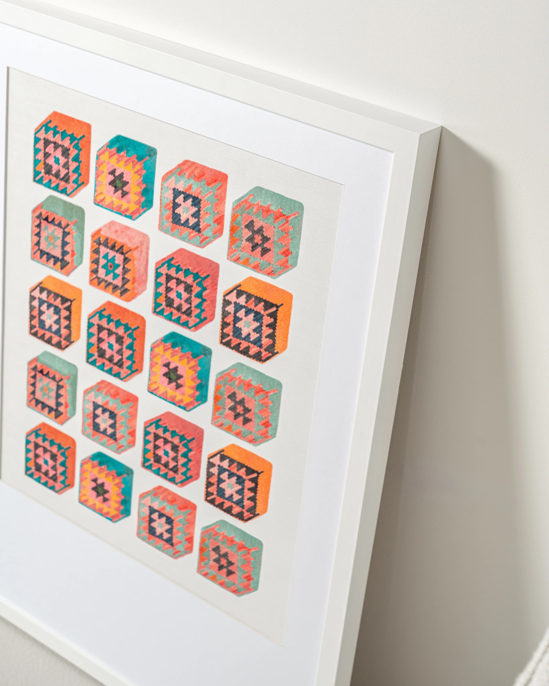 Cubism fine art print in multicolour, shown in a lifestyle top view as image 5