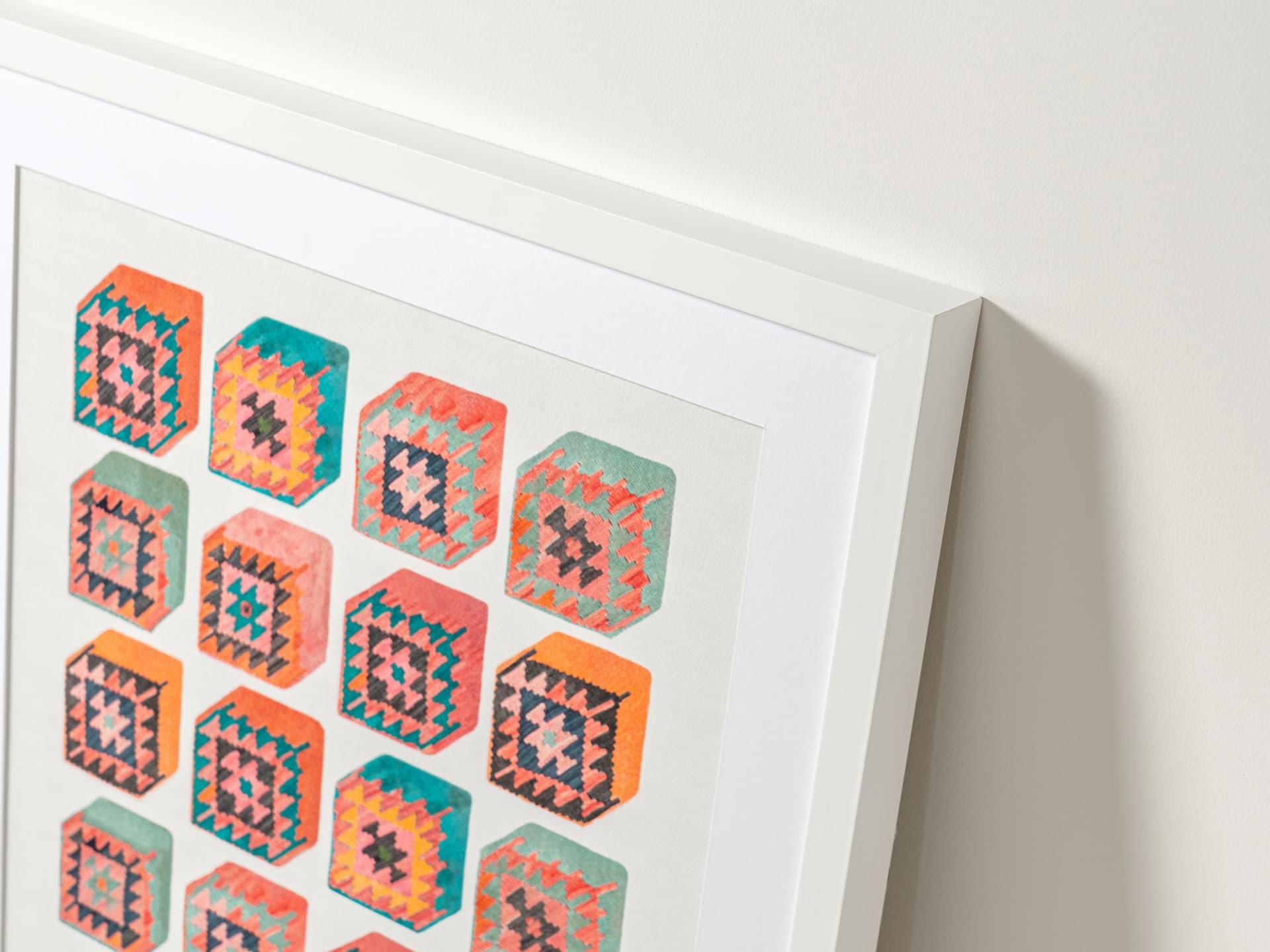 Cubism fine art print in multicolour, shown in a lifestyle top view as image 2