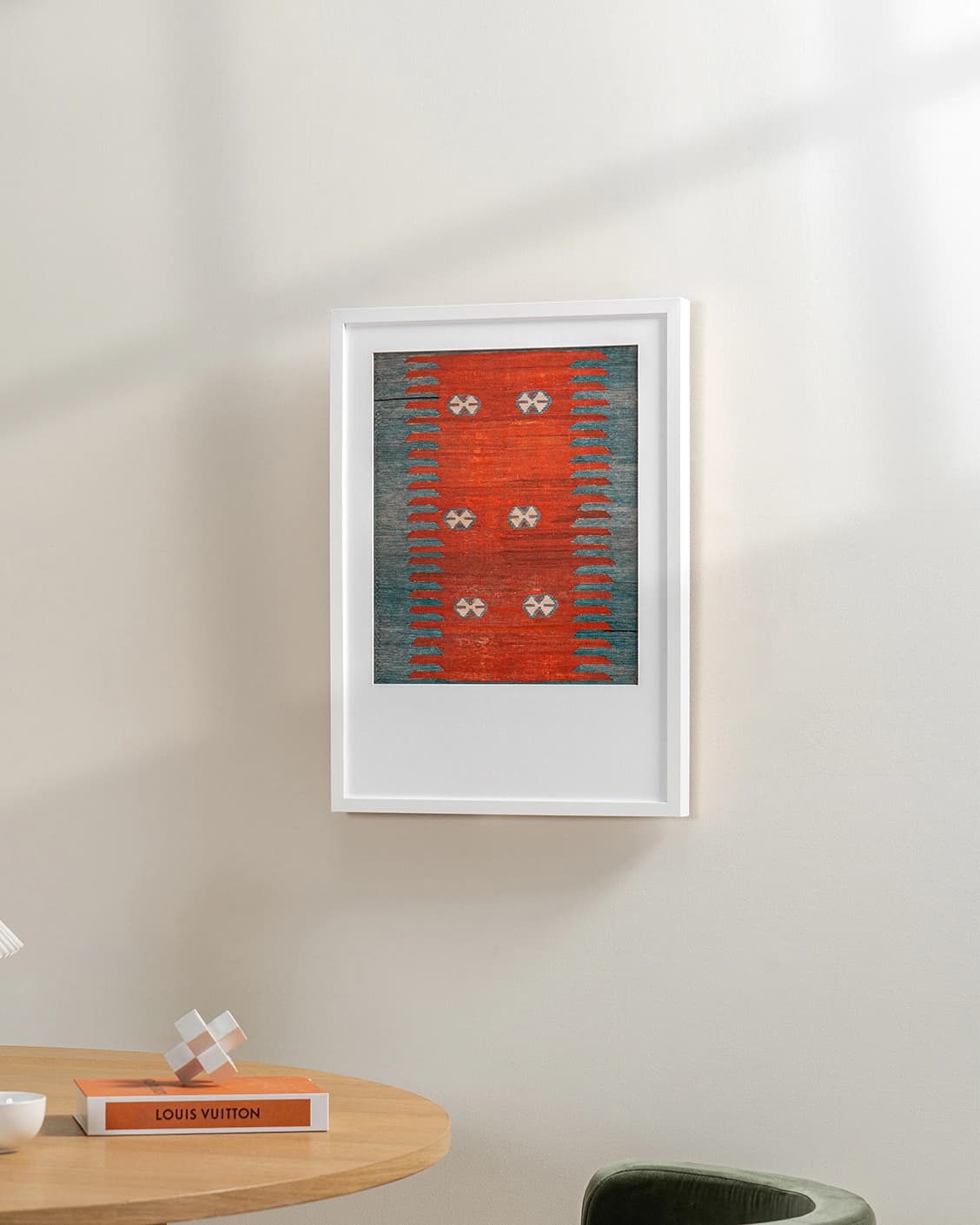 Denim Shades fine art print in red and blue, shown in a lifestyle right view as image 3