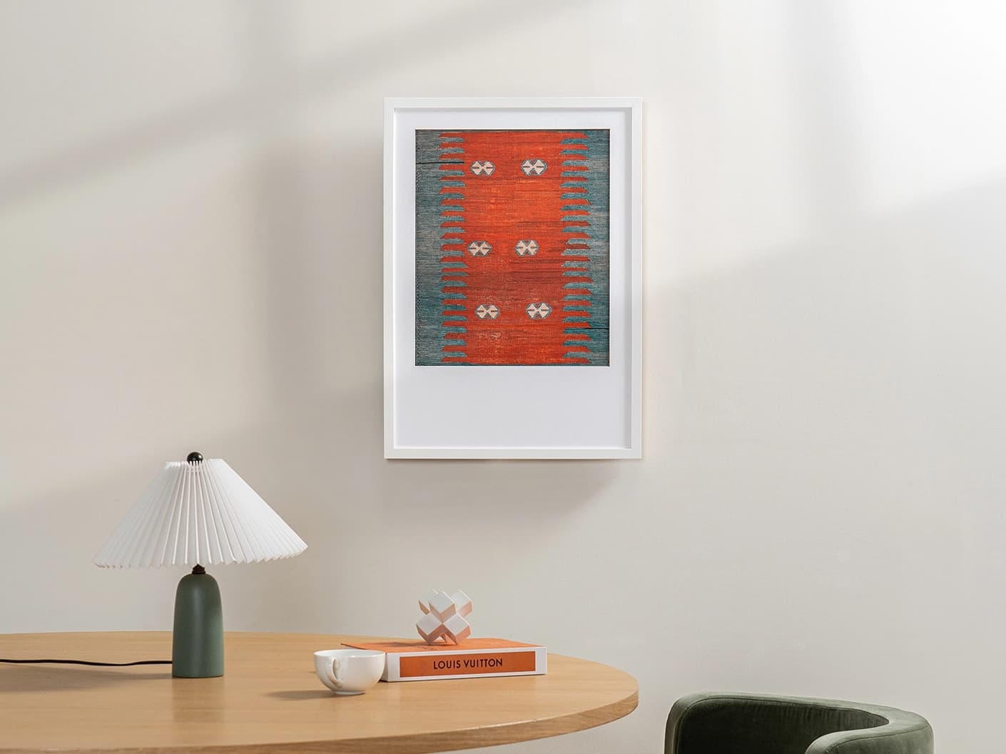 Denim Shades fine art print artwork in red and blue, shown in a lifestyle front view