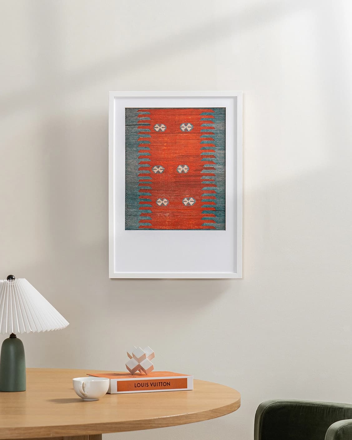 Denim Shades fine art print in red and blue, shown in a lifestyle front view as image 2