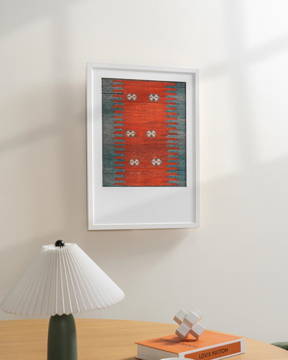 Denim Shades fine art print in red and blue, shown in a lifestyle right view as image 4