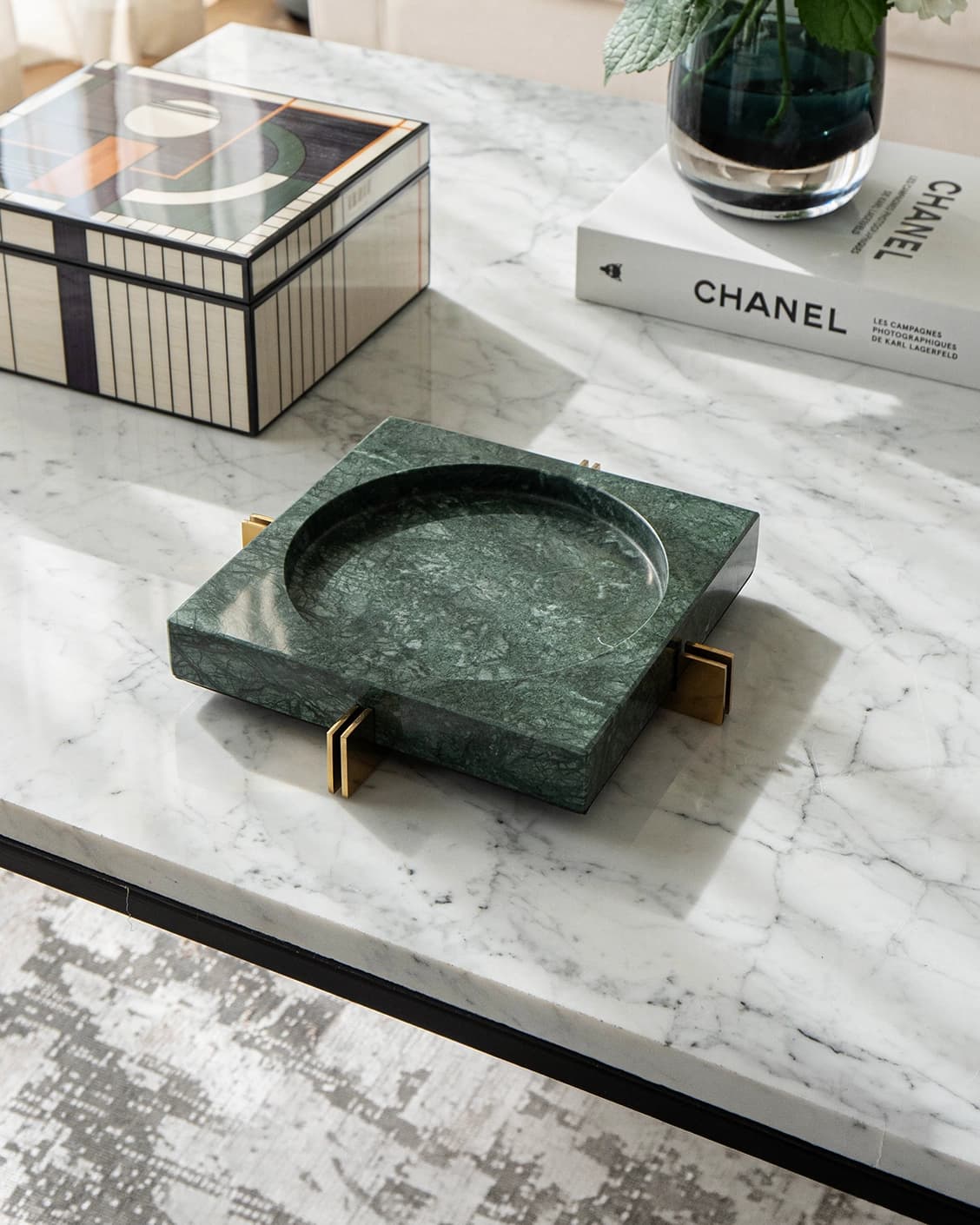 Dennis Bandiagara II trays in green and gold, shown in a lifestyle top view