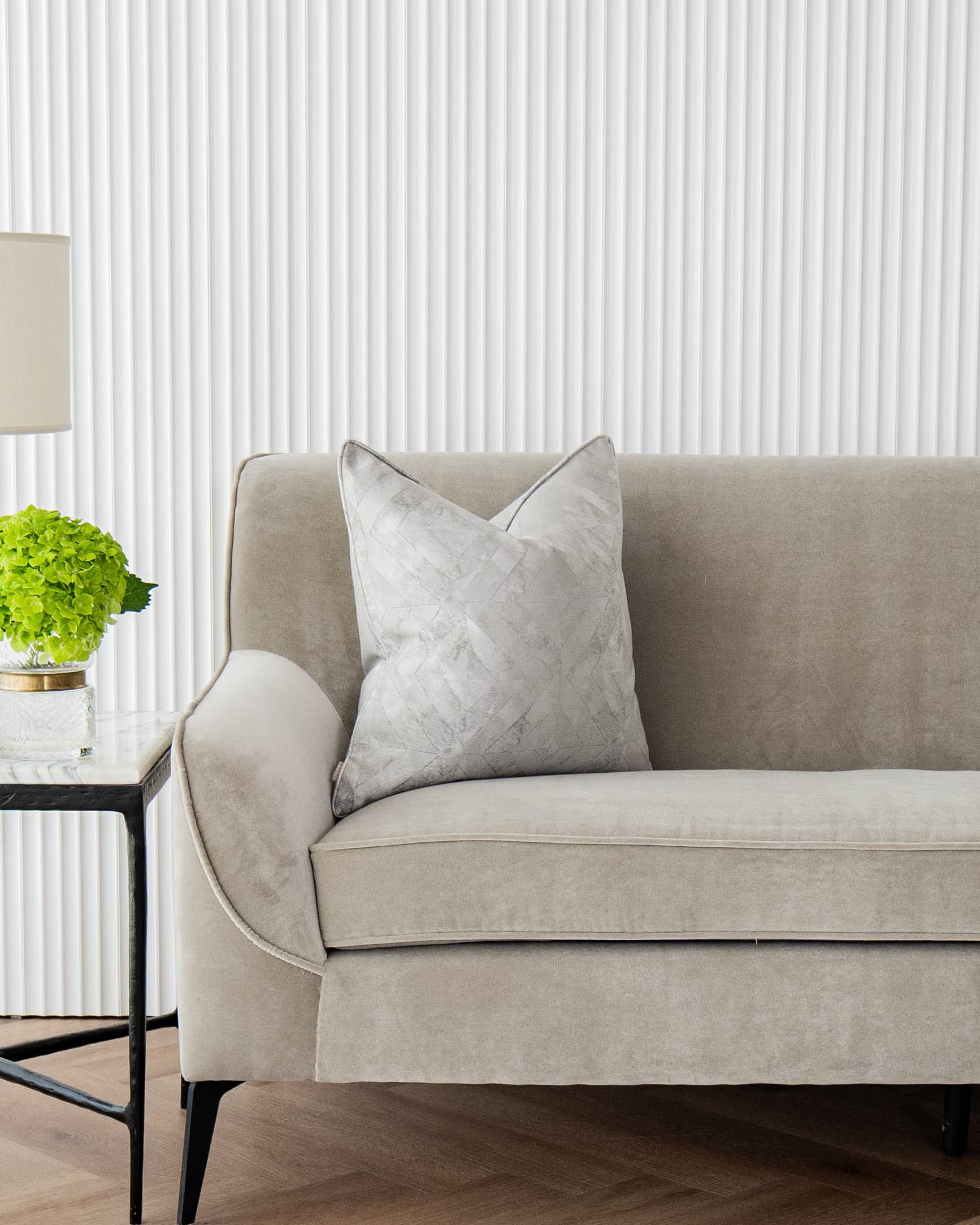 Diana Laurent cushion in silver, shown in a lifestyle front view as image 4