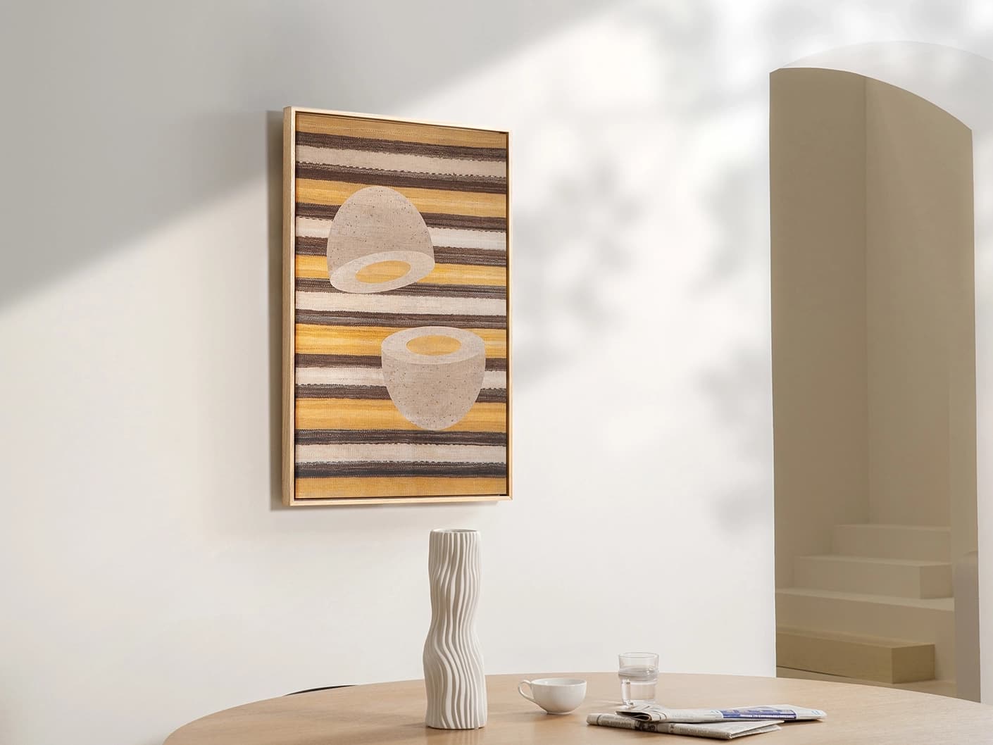 Eggsercise canvas in yellow, brown and beige, shown in a lifestyle left view as image 2