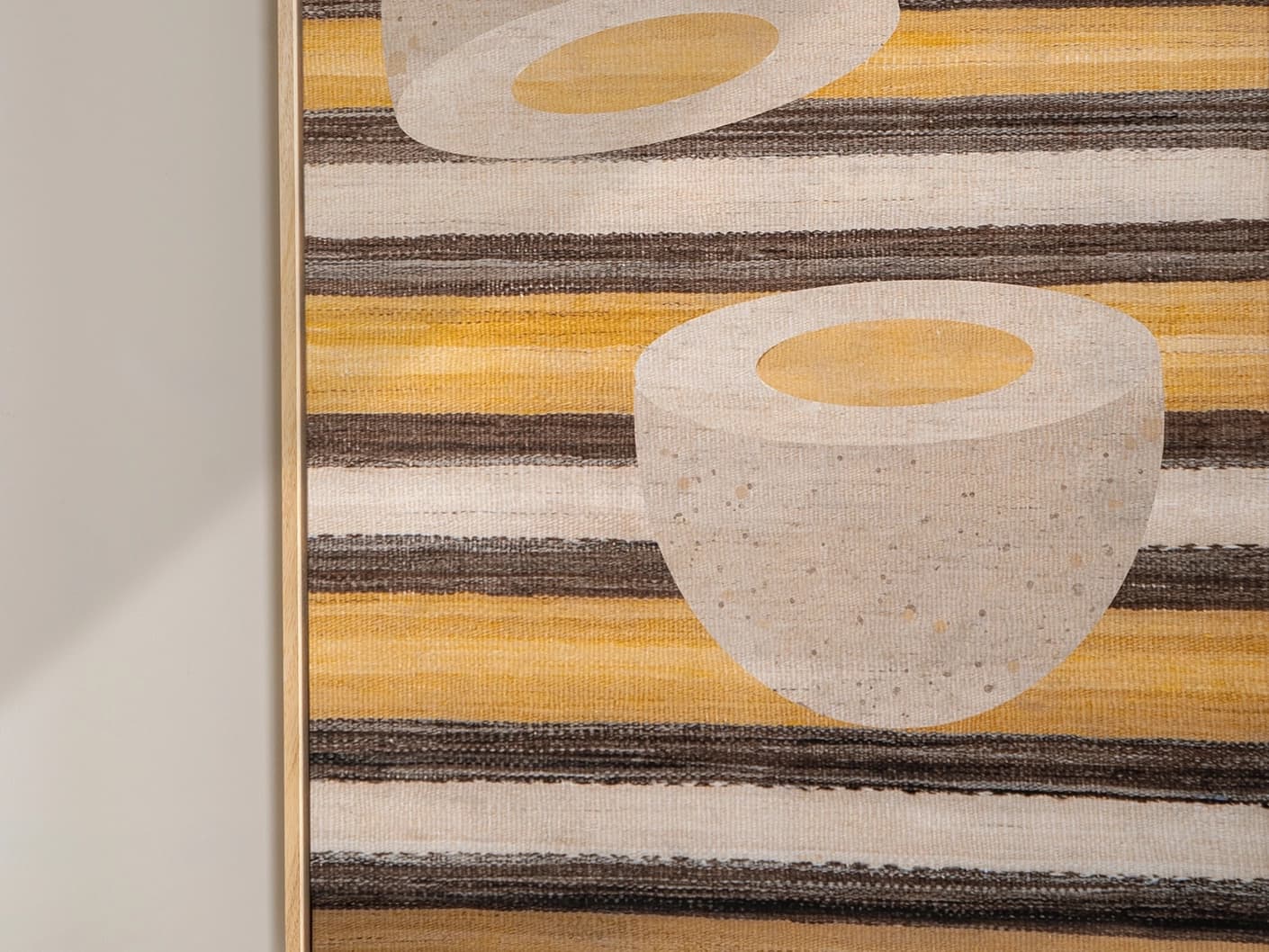 Eggsercise canvas in yellow, brown and beige, shown in a lifestyle right view as image 4