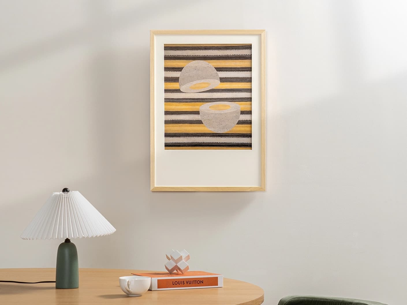 Eggsercise fine art print in yellow, brown and beige, shown in a lifestyle front view as image 3