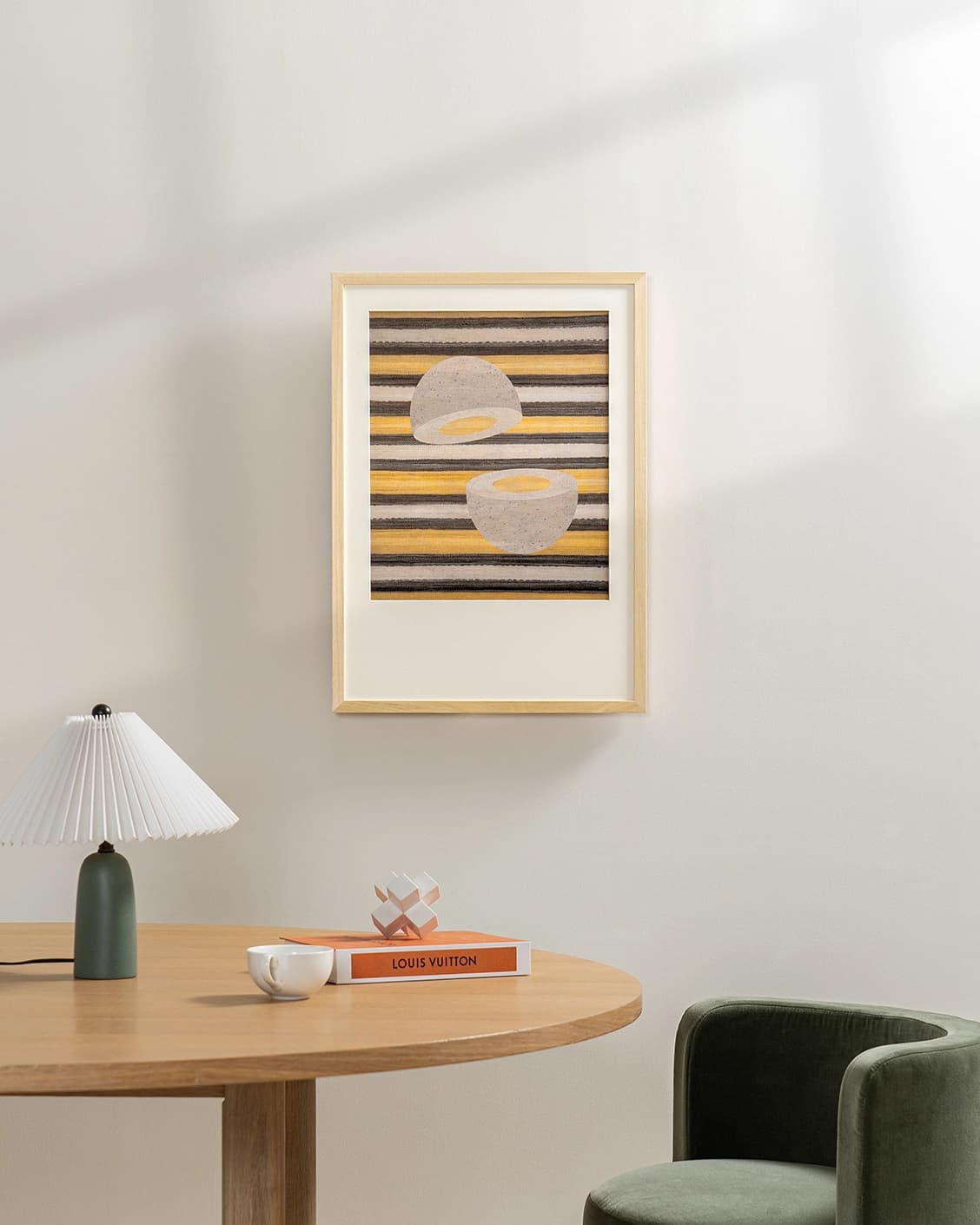 Eggsercise fine art print in yellow, brown and beige, shown in a lifestyle front view as image 3