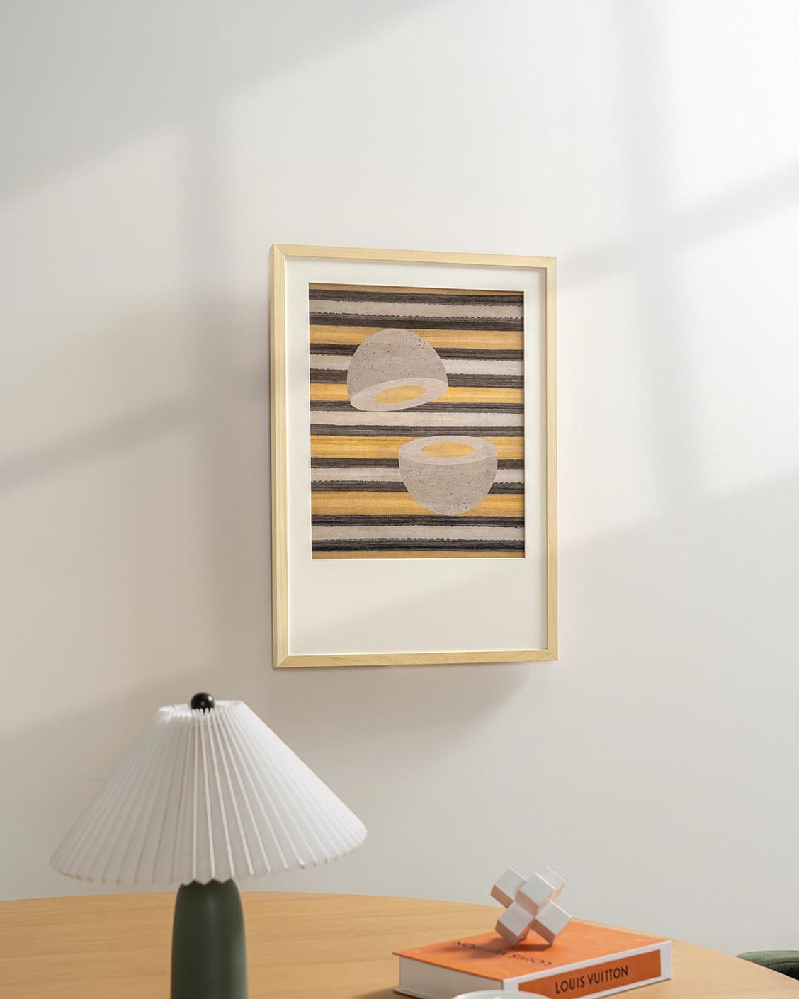 Eggsercise fine art print in yellow, brown and beige, shown in a lifestyle right view as image 2