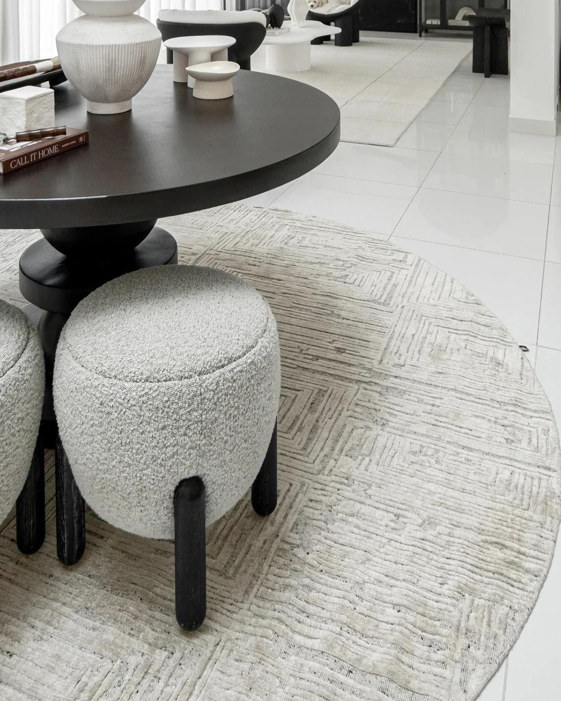 Eh Riley Stone Round carpet in beige, shown in a lifestyle close-up as image 4