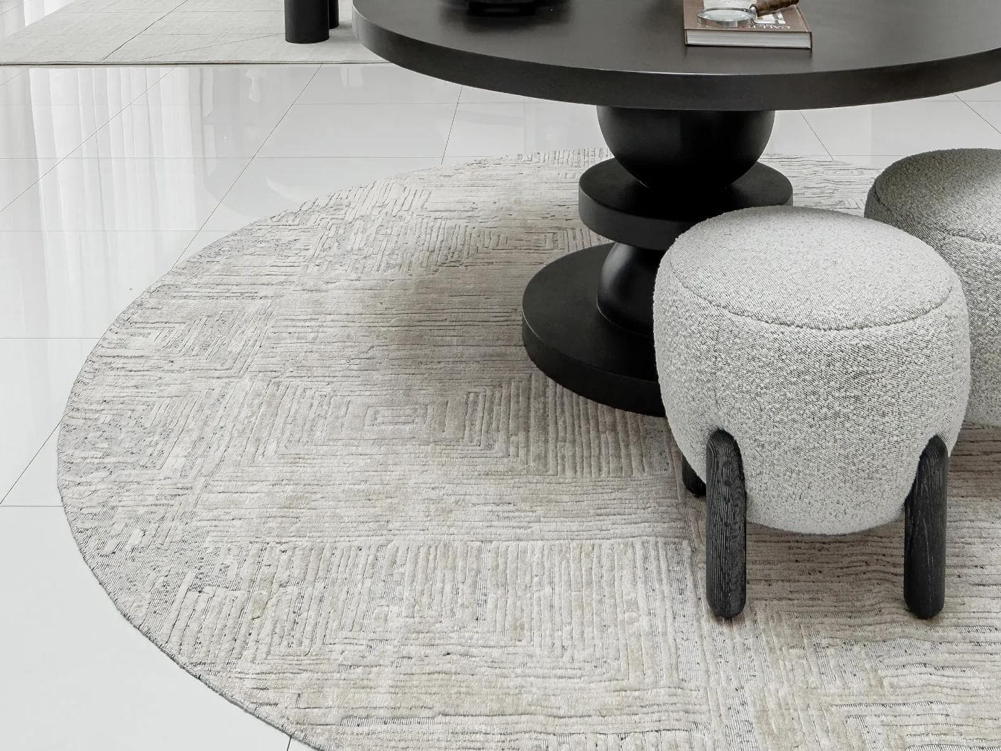 Eh Riley Stone Round carpet in beige, shown in a lifestyle left view as image 5