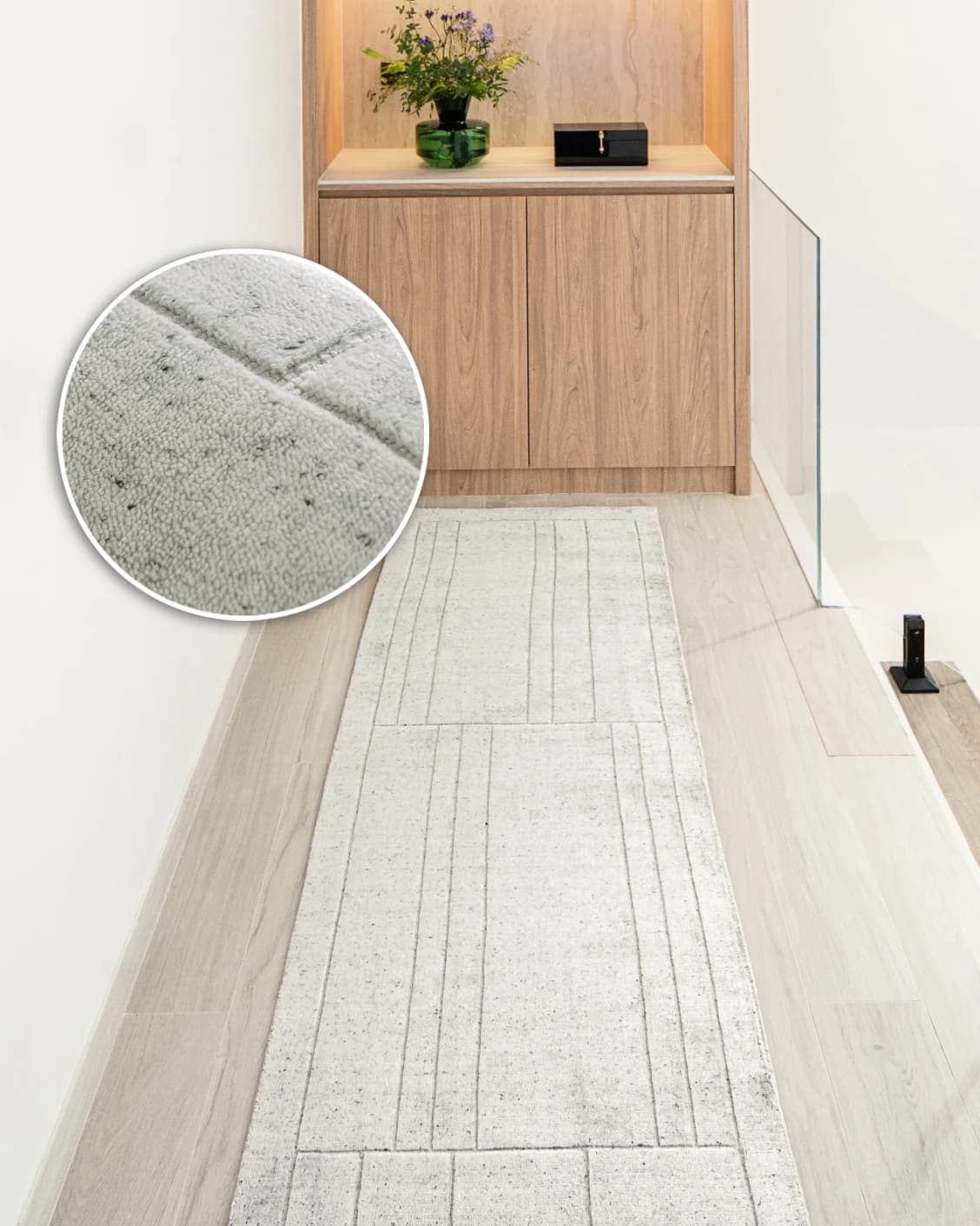 Elliot Alba Runners carpet in grey and white, shown in a lifestyle front view