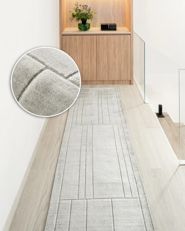Elliot Ashton Runners carpet in grey and silver, shown in a lifestyle front view